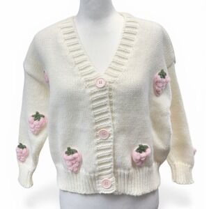 Cream Knit Cropped Cardigan Size M 3D Pink Crochet Strawberry V-Neck Cottage